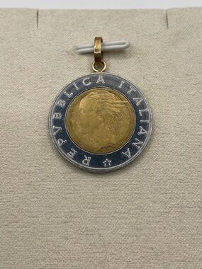 Vintage Milor Italian 500 Lire Two Tone Coin Charm Pendant 14K Yellow Gold Bail
